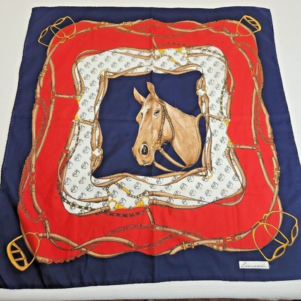 Vintage 70s Leonardi Paris Equestrian Horse Bit Square Scarf Wrap Red Blue 30"